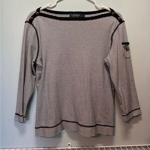 Lauren Ralph Lauren Black & White Striped Boat Neck Cotton Casual Shirt Size L